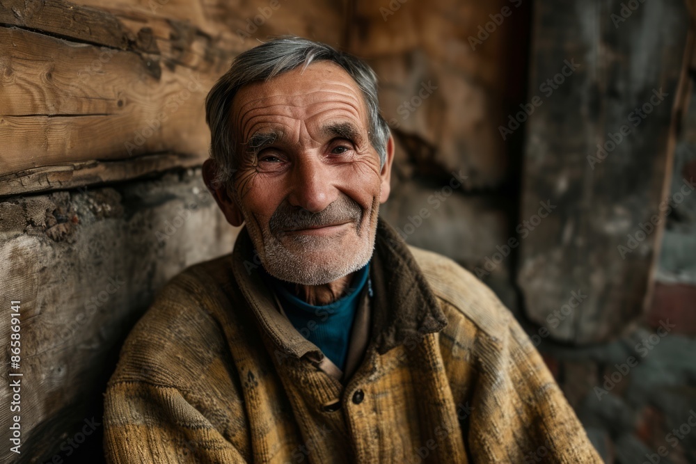 Portrait of an old man with a beard and mustache in the village Portrait of an old man with a beard and mustache in the village