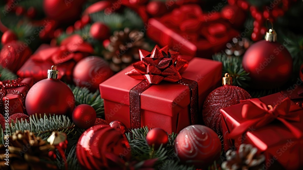 Gifts and decorations in red for Christmas tree Gifts and decorations in red for Christmas tree