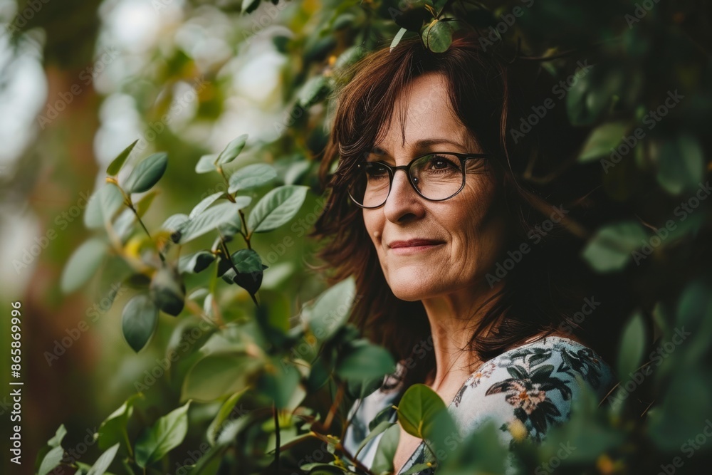 Portrait of a beautiful middle-aged woman with glasses in the garden. Portrait of a beautiful middle-aged woman with glasses in the garden.