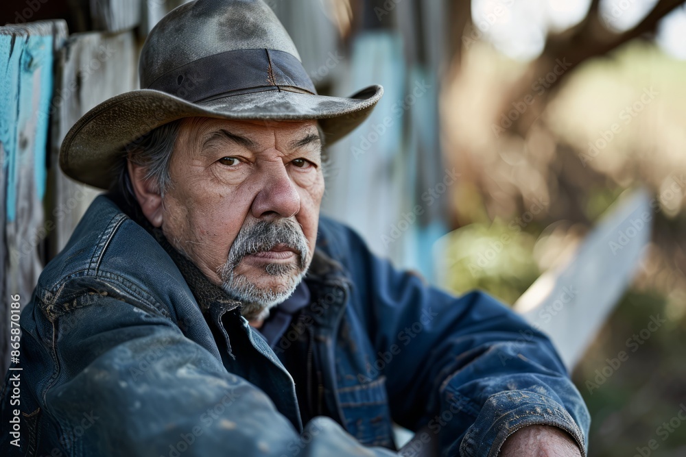 Portrait of an old man with a gray beard in a cowboy hat.