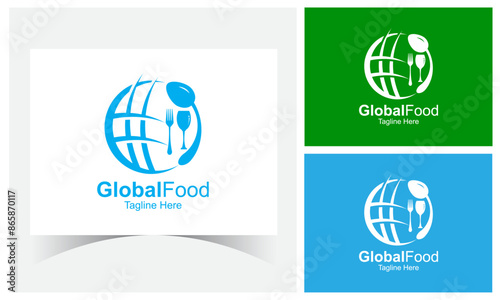 Global Food Logo Design Template. Global World Food Restaurant Cafe Spoon Fork Glass Logo Icon Symbol Design Illustration.