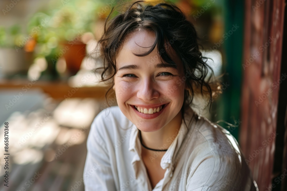 Portrait of a smiling young woman sitting in a coffee shop. Portrait of a smiling young woman sitting in a coffee shop.