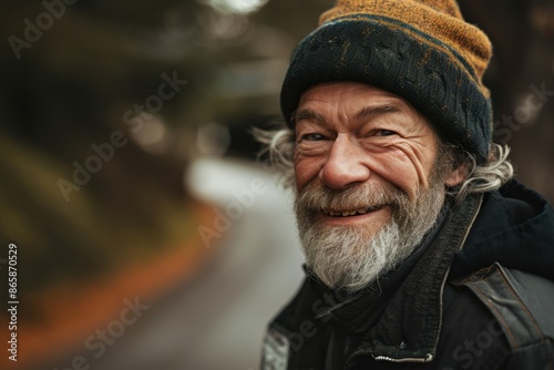 Portrait of an old man with grey beard and mustache on the street.