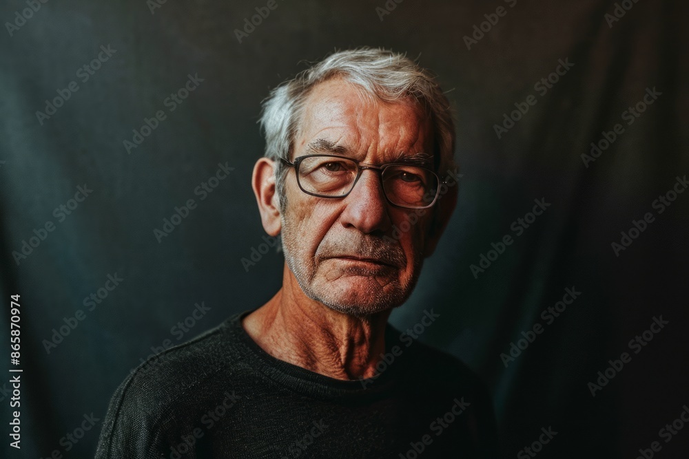 Obraz premium Portrait of an elderly man with glasses on a dark background.