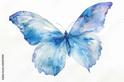 Fototapeta na wymiar ethereal blue butterfly gracefully perched on pure white delicate wings spread watercolor painting