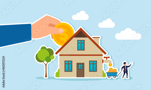 Invest in real estate buy a house for rental profit, ROI, mortgage, or ownership, concept of businessman hand put coin with money return