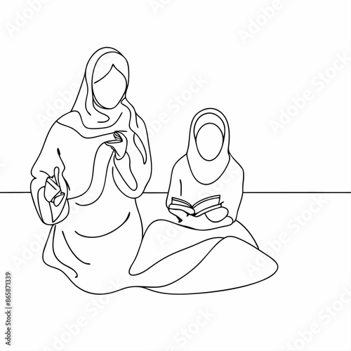 Continuous line draw of pretty happy muslimah with headscarf hold book woman in trendy hijab (29)