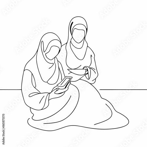 Continuous line draw of pretty happy muslimah with headscarf hold book woman in trendy hijab (4)