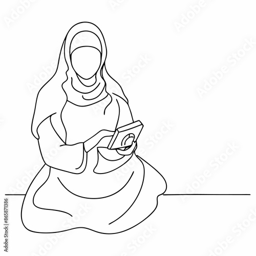 Continuous line draw of pretty happy muslimah with headscarf hold book woman in trendy hijab (6)