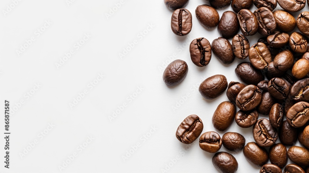 Top view of roasted coffee beans on a white background with space for text Top view of roasted coffee beans on a white background with space for text