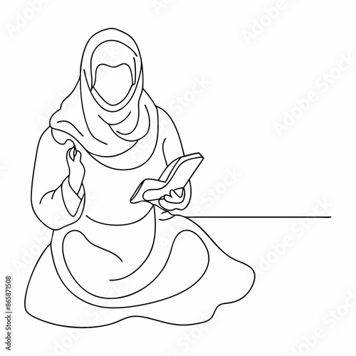 Continuous line draw of pretty happy muslimah with headscarf hold book woman in trendy hijab (25)