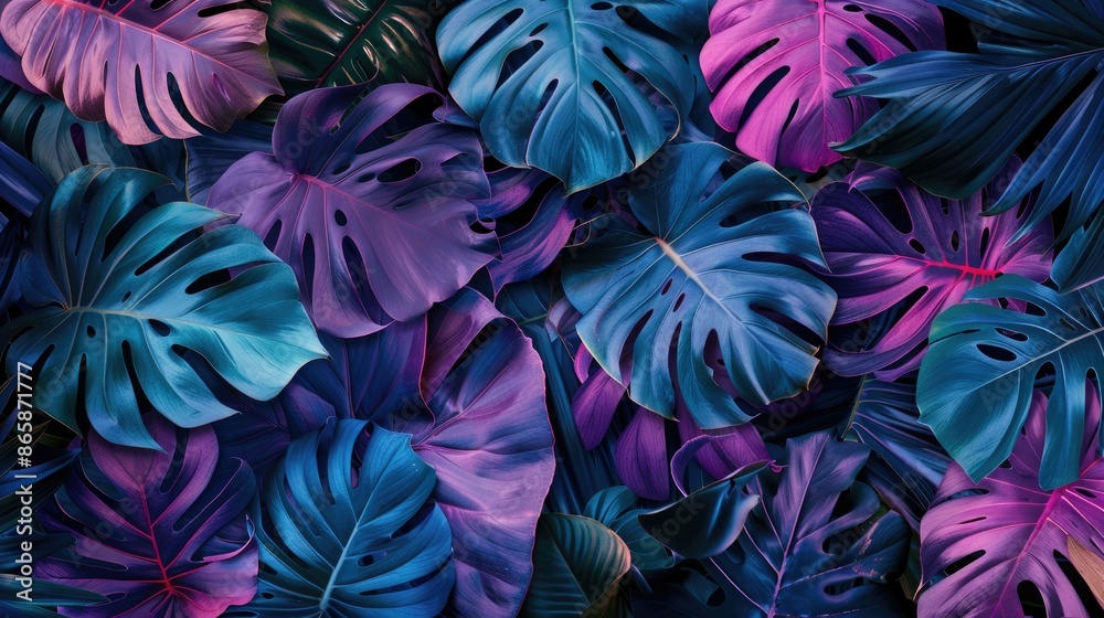 Lush tropical leaves in shades of purple and blue create a dense, vibrant jungle atmosphere Lush tropical leaves in shades of purple and blue create a dense, vibrant jungle atmosphere