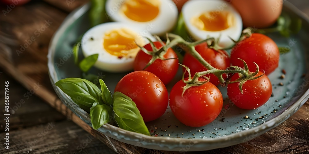 Plate with Fresh Tomatoes and Eggs Perfect for Food Themes. Concept Food Styling, Fresh Ingredients, Healthy Recipes, Culinary Photography, Simple and Fresh Plate with Fresh Tomatoes and Eggs Perfect for Food Themes. Concept Food Styling, Fresh Ingredients, Healthy Recipes, Culinary Photography, Simple and Fresh