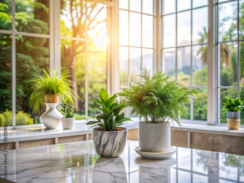 Elegant white marble tabletop with potted green plants and a vase, surrounded by natural light, with ample copy space for text or design elements. Elegant white marble tabletop with potted green plants and a vase, surrounded by natural light, with ample copy space for text or design elements.