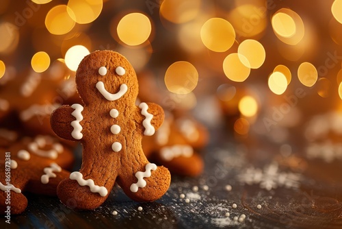 festive gingerbread man cookies on blurred bokeh background food photography © Bijac