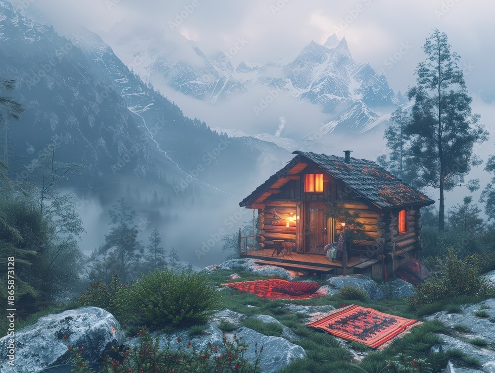 Fototapeta premium Cozy wooden cabin illuminated warmly amid towering misty mountains, with scenic alpine views and lush greenery creating a serene retreat.
