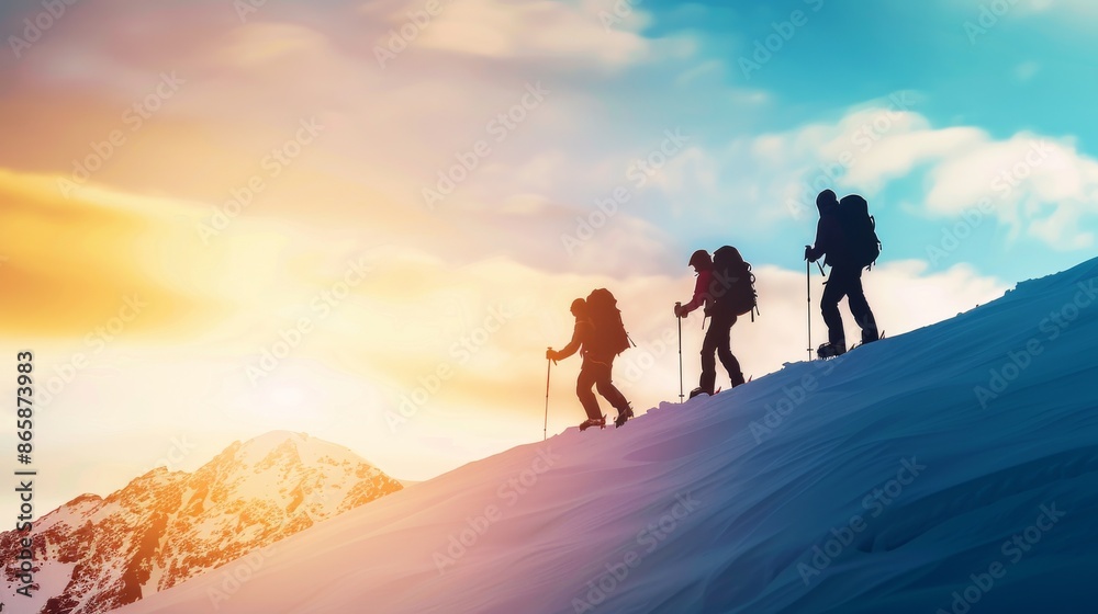 Group of hikers ascending a snowy mountain at sunrise, equipped with backpacks and trekking poles, against a vibrant sky. Group of hikers ascending a snowy mountain at sunrise, equipped with backpacks and trekking poles, against a vibrant sky.