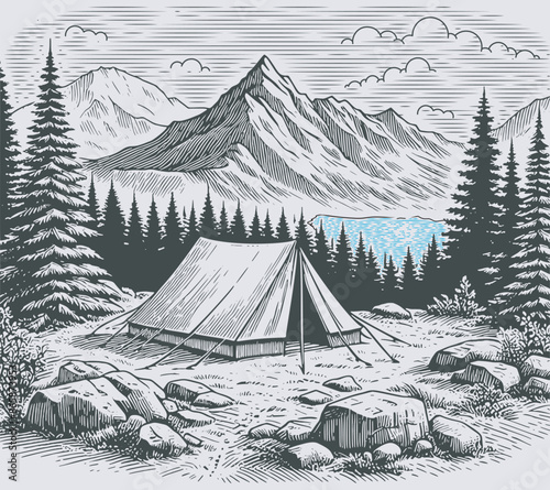 Camping in nature, mountain forest landscape with lake, hand drawn illustration.