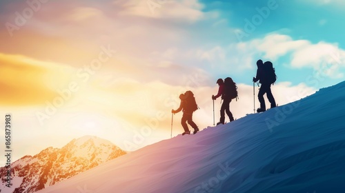 Group of hikers ascending a snowy mountain at sunrise, equipped with backpacks and trekking poles, against a vibrant sky.