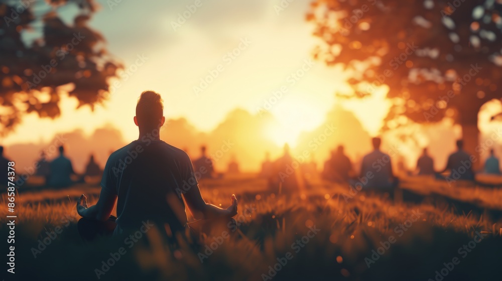 Group of people meditating outdoors at sunrise, creating a peaceful and serene atmosphere in nature. Group of people meditating outdoors at sunrise, creating a peaceful and serene atmosphere in nature.