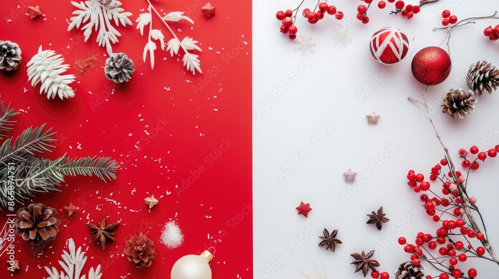 Festive Winter Composition on White and Red Background Festive Winter Composition on White and Red Background