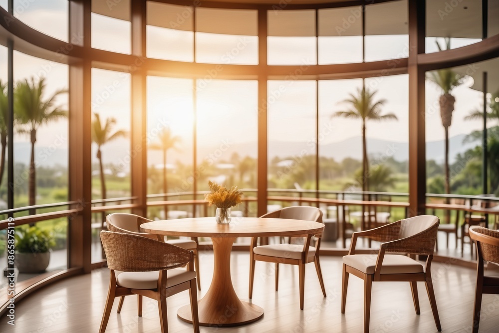 Fototapeta premium Light streams through a window in a stylishly furnished cafe with wooden tables and chairs