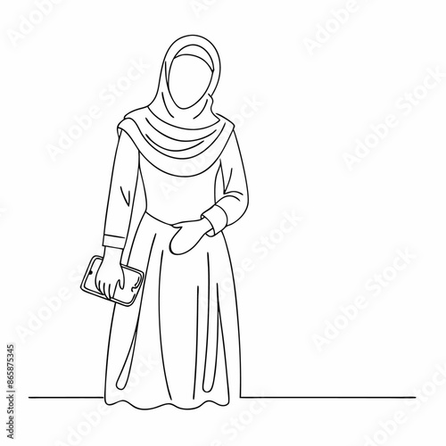 Continuous one line draw of happy beautiful middle east muslimah model on traditional islamic cloth hold camera (13)