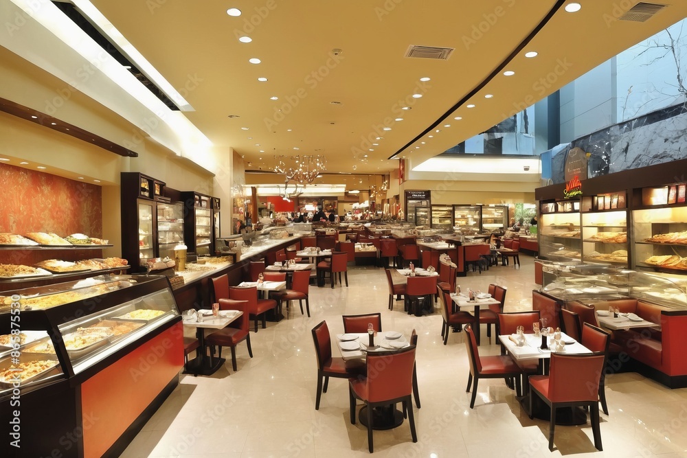 Obraz premium Beachside restaurant with chairs and tables on a terrace, perfect for relaxing summer vacation by the ocean