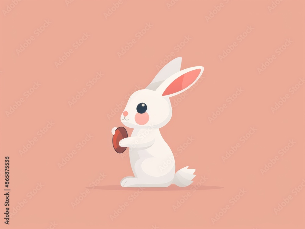 Fototapeta premium Cute cartoon white rabbit holding a carrot on a peach background. Adorable illustration for children, design, and decoration.