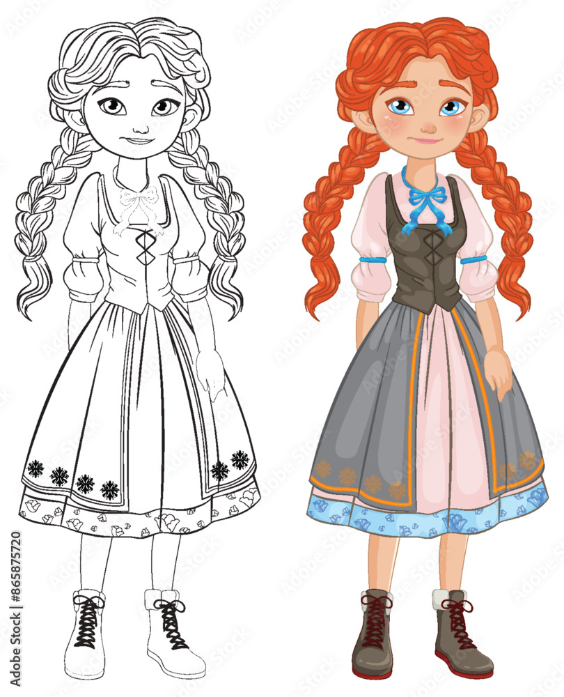 Red-haired girl in traditional dress with braids Red-haired girl in traditional dress with braids