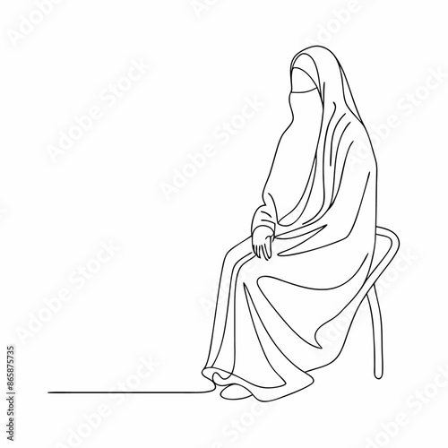 Continuous one line draw of young attractive middle east muslimah wearing burqa niqab cloth sitting on chair (2)