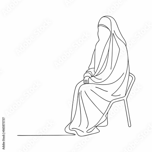 Continuous one line draw of young attractive middle east muslimah wearing burqa niqab cloth sitting on chair (1)
