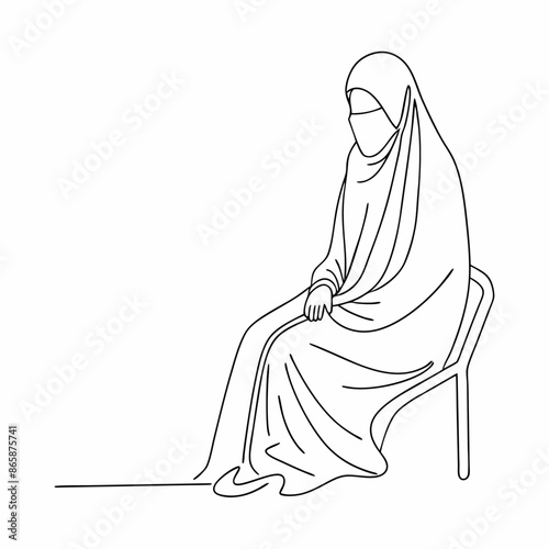 Continuous one line draw of young attractive middle east muslimah wearing burqa niqab cloth sitting on chair (4)