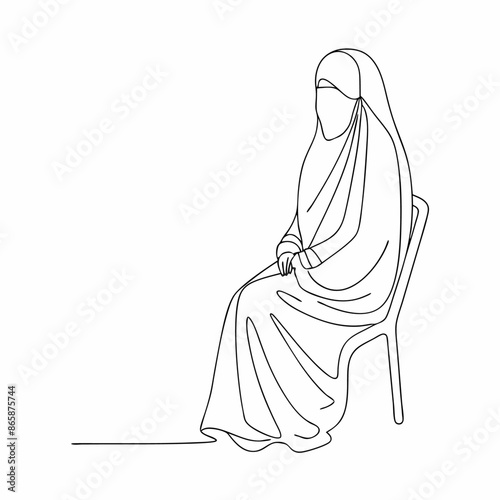 Continuous one line draw of young attractive middle east muslimah wearing burqa niqab cloth sitting on chair (3)