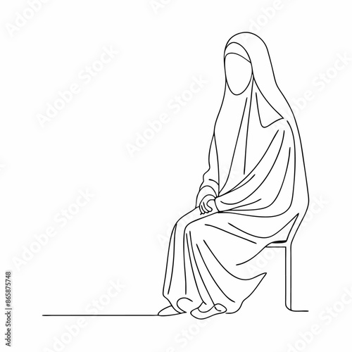 Continuous one line draw of young attractive middle east muslimah wearing burqa niqab cloth sitting on chair (8)