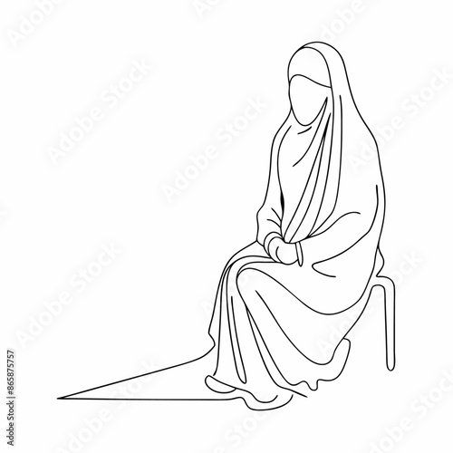 Continuous one line draw of young attractive middle east muslimah wearing burqa niqab cloth sitting on chair (10)
