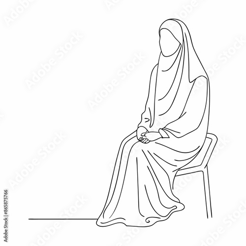 Continuous one line draw of young attractive middle east muslimah wearing burqa niqab cloth sitting on chair (17)