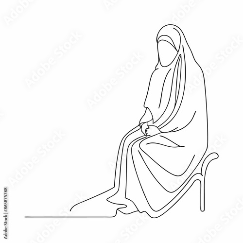Continuous one line draw of young attractive middle east muslimah wearing burqa niqab cloth sitting on chair (15)