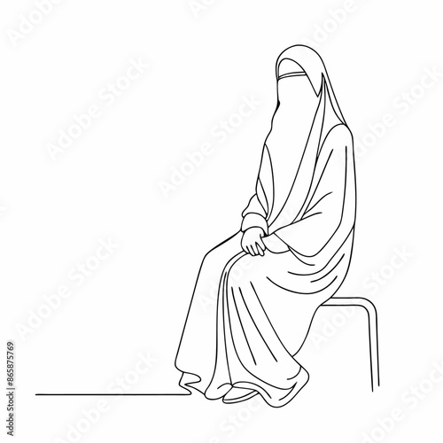 Continuous one line draw of young attractive middle east muslimah wearing burqa niqab cloth sitting on chair (16)