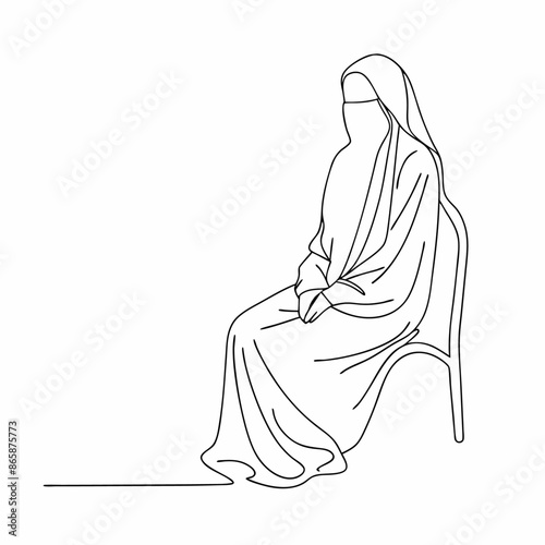 Continuous one line draw of young attractive middle east muslimah wearing burqa niqab cloth sitting on chair (7)