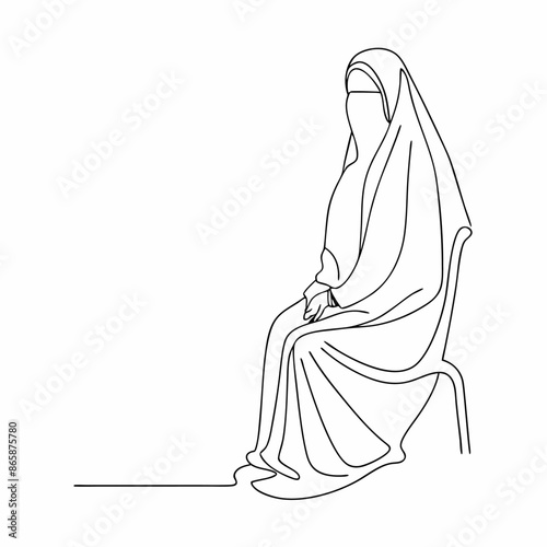 Continuous one line draw of young attractive middle east muslimah wearing burqa niqab cloth sitting on chair (21)