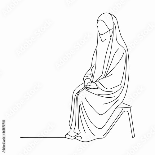 Continuous one line draw of young attractive middle east muslimah wearing burqa niqab cloth sitting on chair (19)