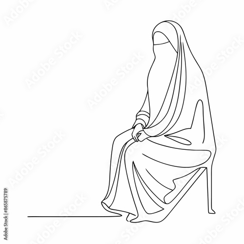 Continuous one line draw of young attractive middle east muslimah wearing burqa niqab cloth sitting on chair (26)