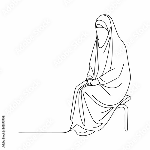 Continuous one line draw of young attractive middle east muslimah wearing burqa niqab cloth sitting on chair (24)
