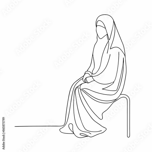 Continuous one line draw of young attractive middle east muslimah wearing burqa niqab cloth sitting on chair (25)