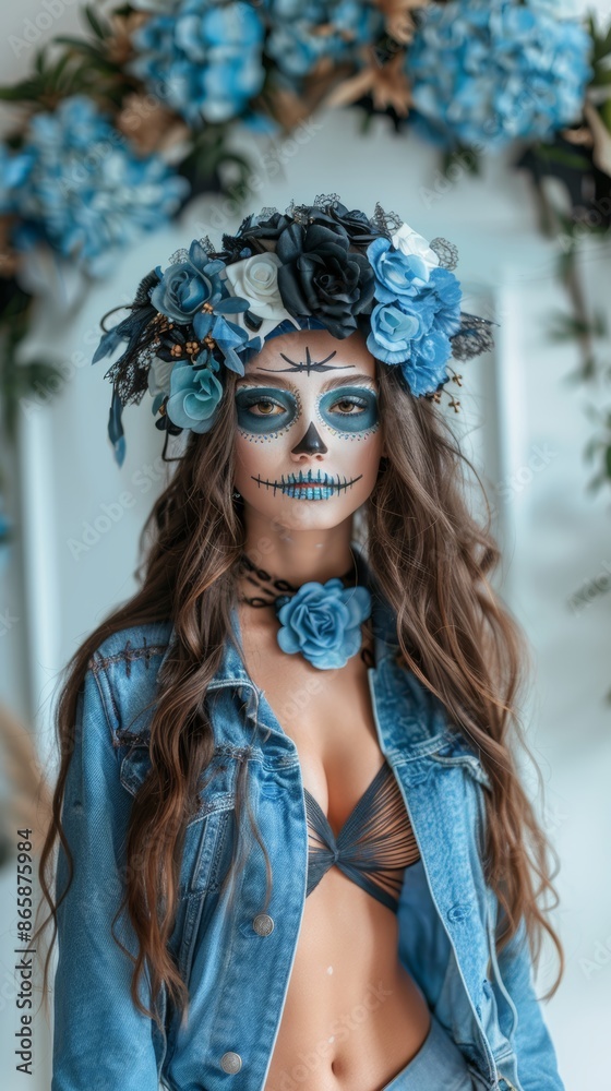 Obraz premium Woman with blue floral headpiece and Day of the Dead makeup, dressed in denim jacket, standing indoors.