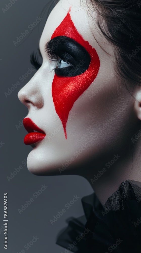 Naklejka premium Artistic profile portrait of a woman with dramatic black and red face paint, capturing a bold and striking look with intricate details