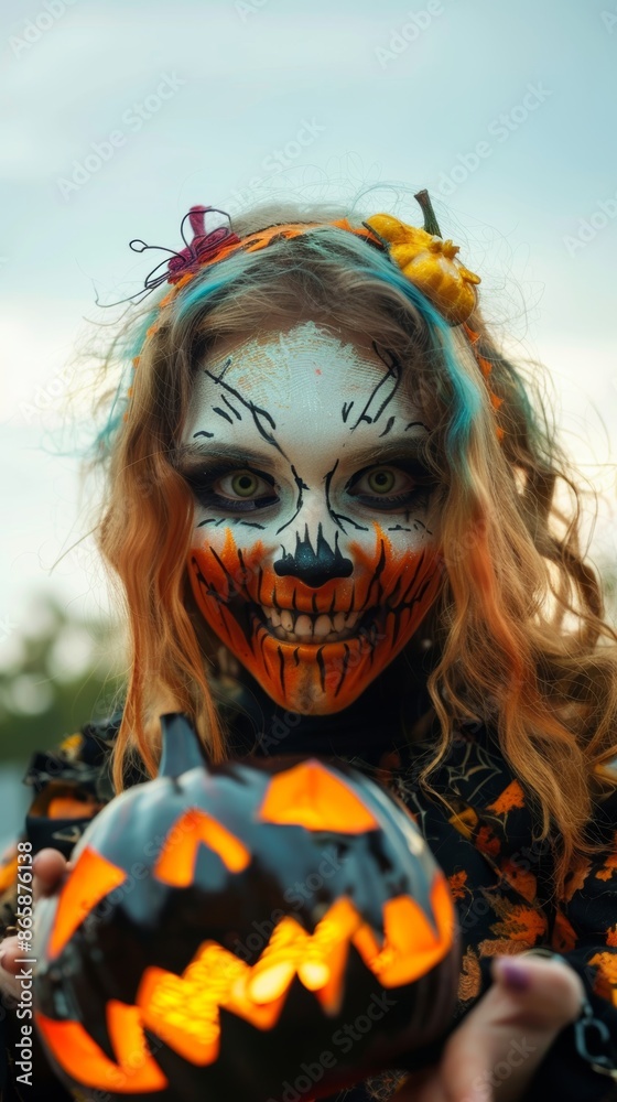 Young girl with Halloween pumpkin makeup, featuring a glowing jack-o'-lantern and vibrant colors, capturing a spooky and festive look Young girl with Halloween pumpkin makeup, featuring a glowing jack-o'-lantern and vibrant colors, capturing a spooky and festive look