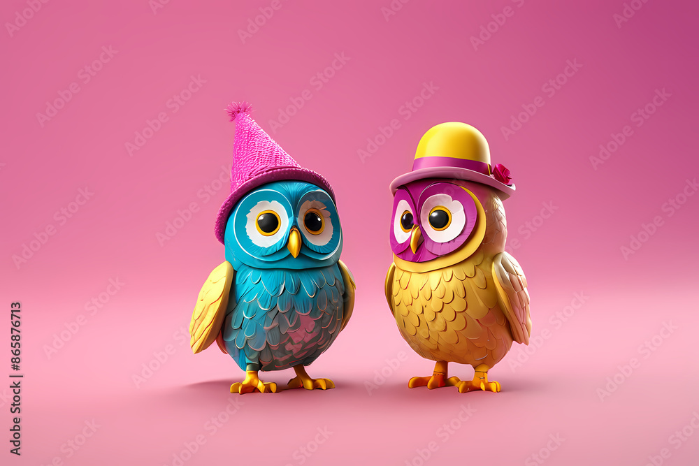 Owls in winter hats together on pink background Owls in winter hats together on pink background
