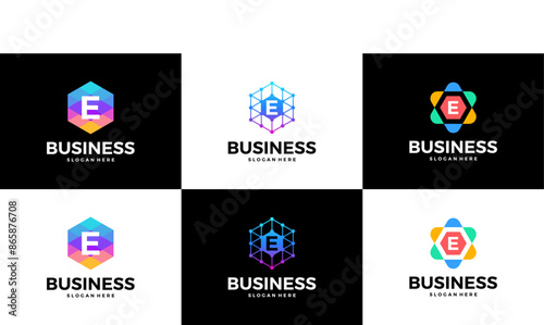 Set of abstract letter E logo design template. Geometric modern business logo collection.